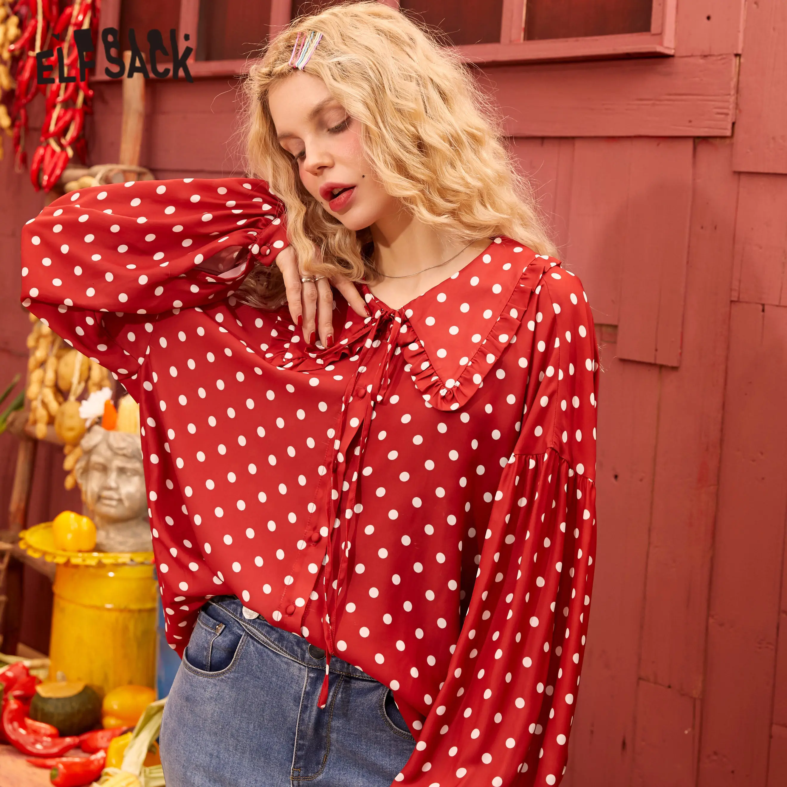 Женская винтажная блузка ELFSACK красная Повседневная Блузка в горошек на шнуровке