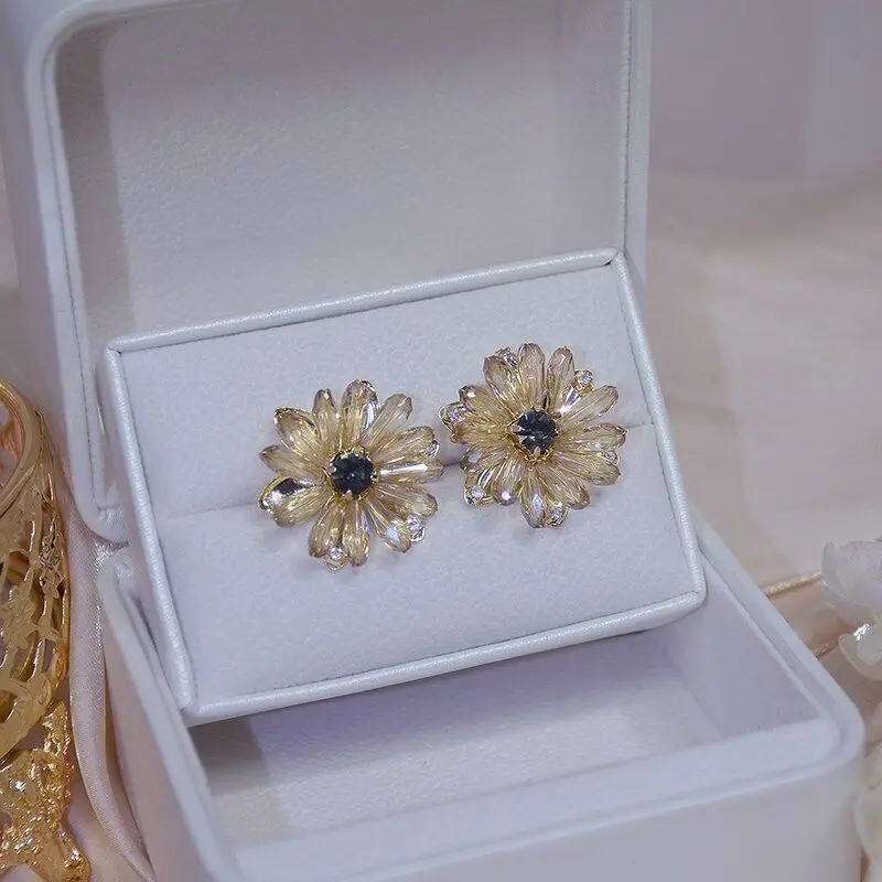 

925 Silver Sunflower Zircon Crystal Retro Drop Earrings For Women Delicate Beaded Dangle Acessories Costume Jewelry Gift