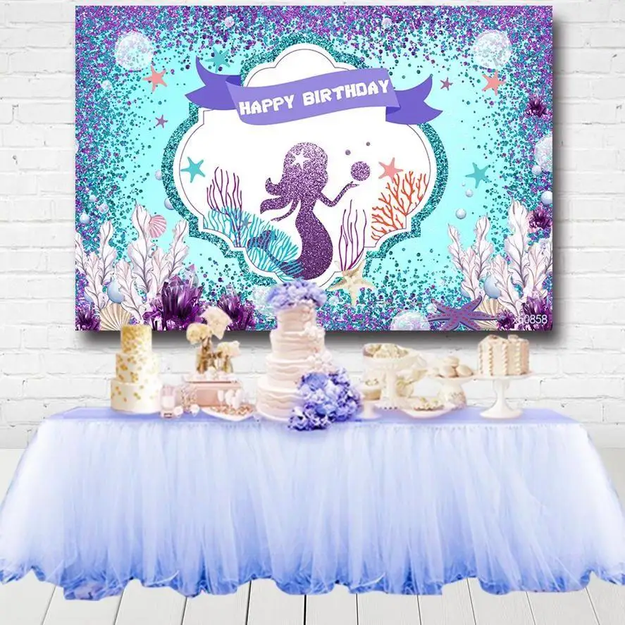 

Glitter Purple Mint Mermaid Party Backdrops Photo Studio Underwater Fish Bubble Girls Birthday Photography Backgrounds