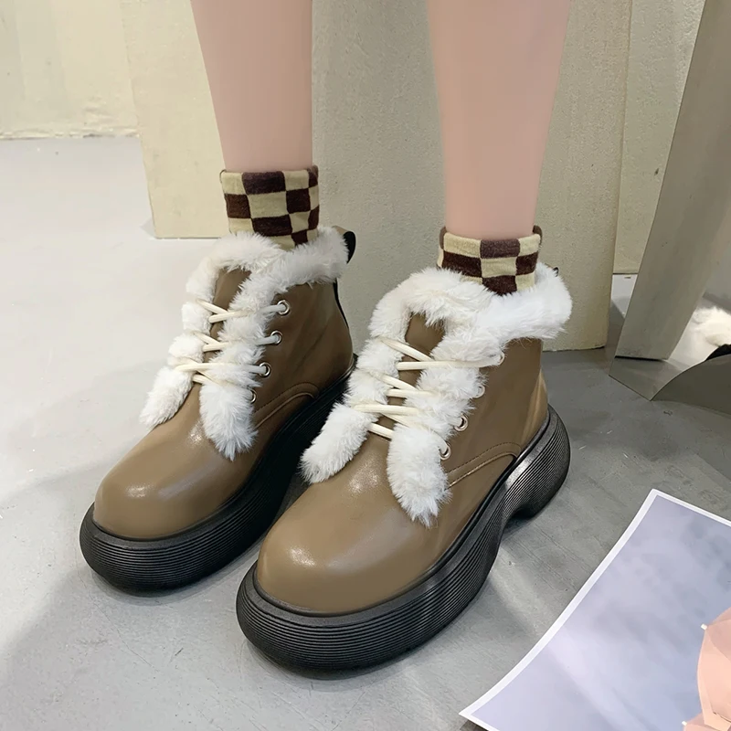 

Женские ботинки с круглым носком, на шнуровке, из ПУ кожи