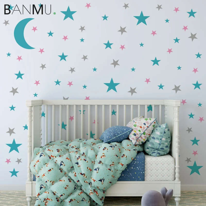 

Moon and Stars Wall Decal Vinyl Sticker for Kids Baby Room Decoration Good Night Nursery Wall Decor Home Bedroom Design (Teal)