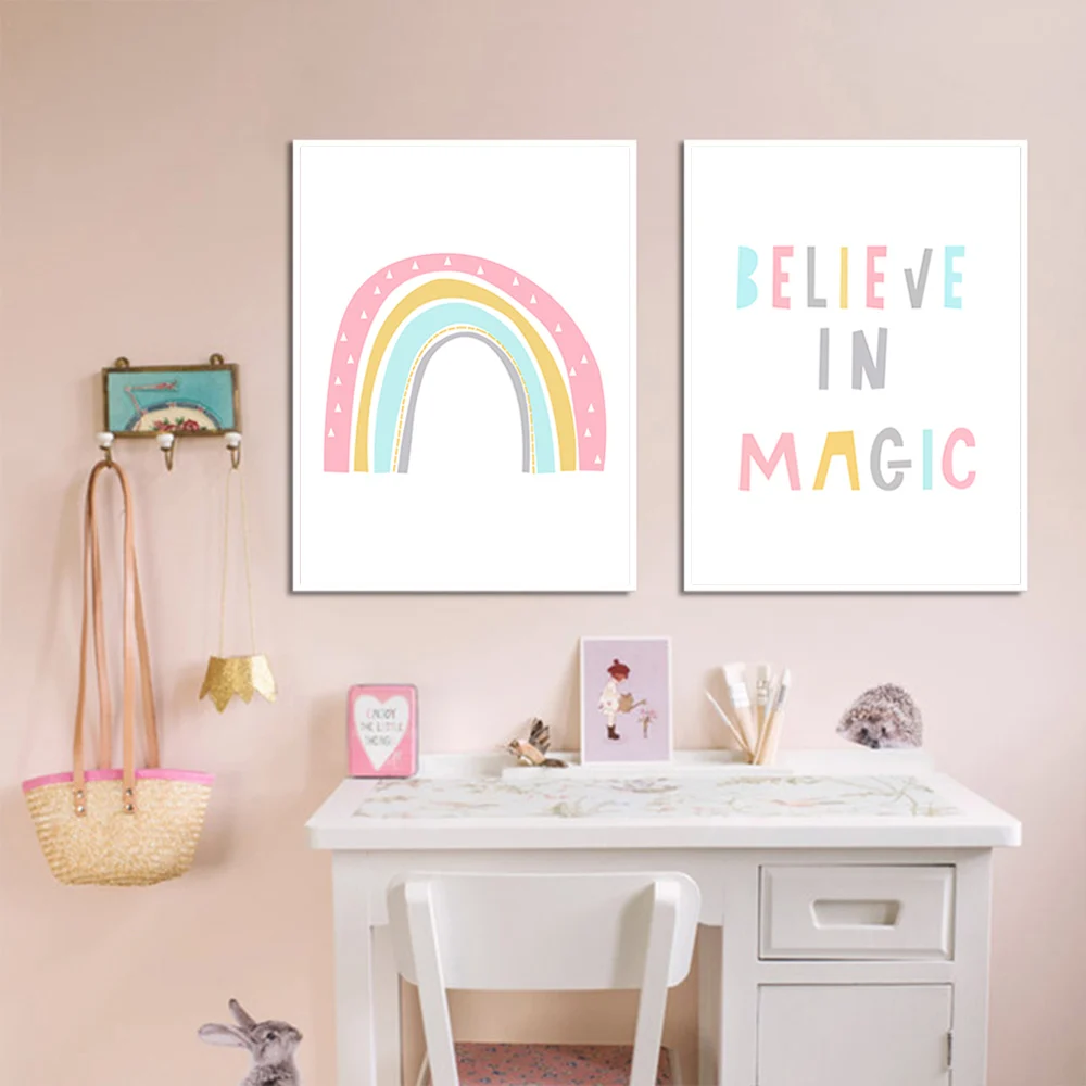 Colorful Rainbow Nursery Canvas Painting Print Believe In Magic Quotes Posters Pink Wall Art Decor Picture Kids Room | Дом и сад