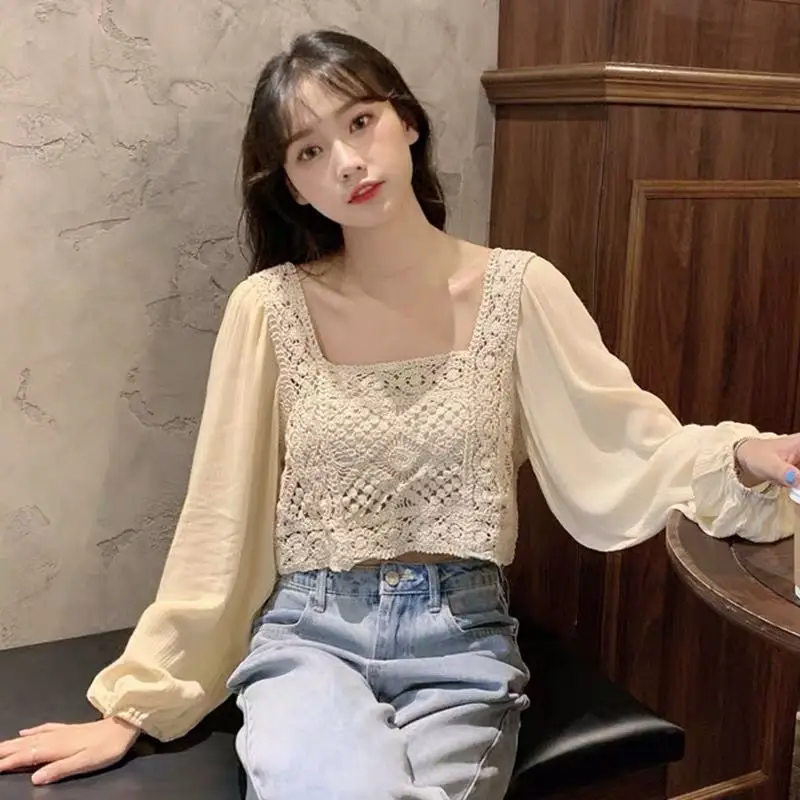 

Корейская белая кружевная шифоновая рубашка, женская супер фея, новинка 2020 на раннюю осень, облегающий короткий пупок, пузырьковый Топ с дли...