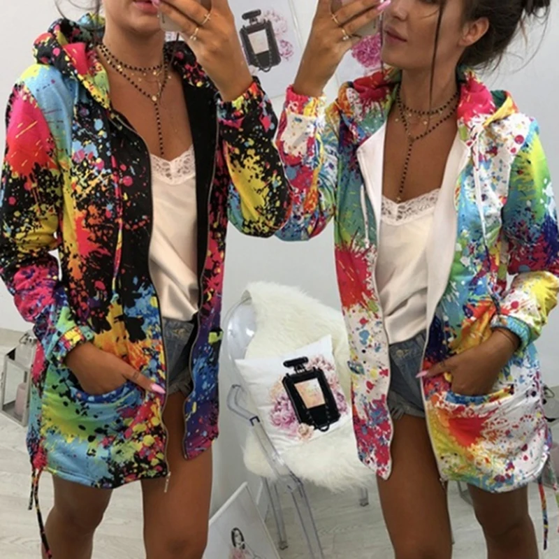 

Spring Autumn Bomber Jacket Coat Women Print Pocket Zipper Hooded Outwear Casual Windbreaker Thin Slim Overcoat