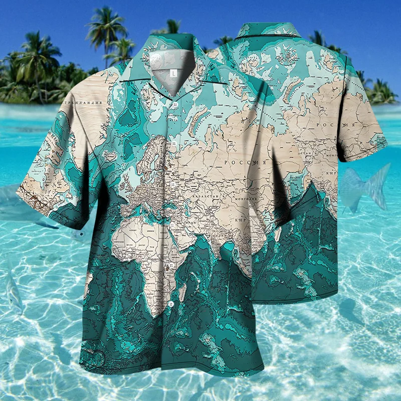 

3D Map Pattern Printing Men's Short-Sleeved Shirts Summer Harajuku Loose Casual Shirt Tops Holiday Beach Men's Hawaiian Shirts