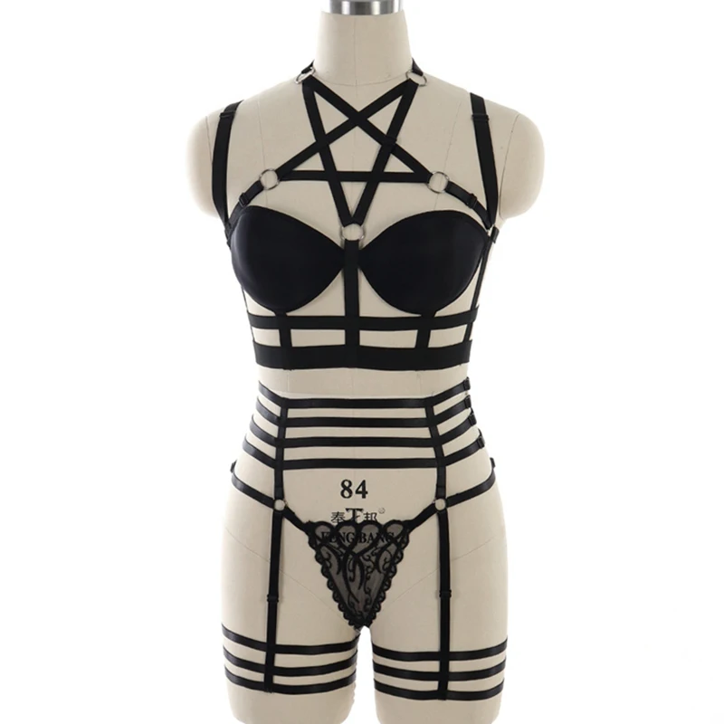 Gothic ladies sexy lingerie set, lace top, bondage set, waist gothic shorts, bra, belt