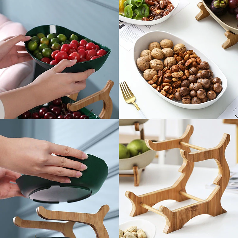 

2/3 Tiers Plastic Fruit Plates with Wood Holder Oval Serving Bowls for Party Food Server Display Stand Fruit Candy Shelves