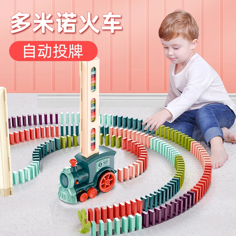 

60PCS Dominoes Children'S Electric Train Set Sound And Light Automatic Licensing Release Domino Block Game Educational DIY Toy