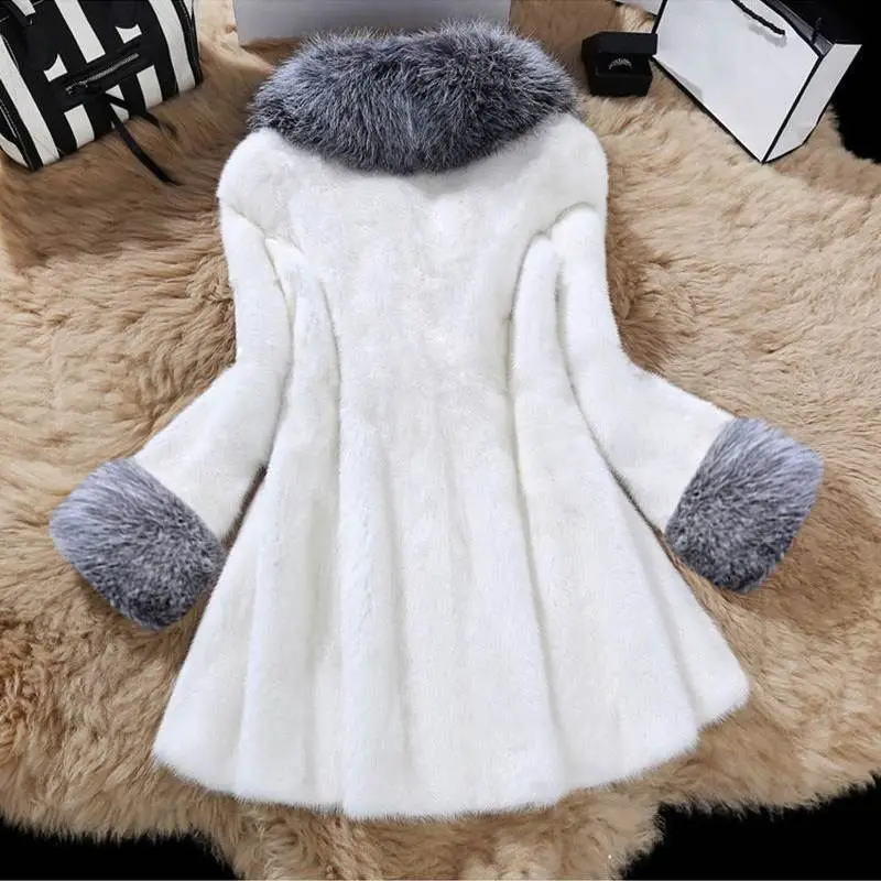 Thick V-Neck Casual Imitation Women Warm Faux Fox Fur Collar Hooded Rabbit Fur Coat Female Overcoat Coats Elegant Winter Jackets