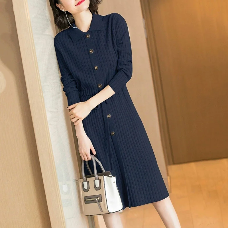 

Tea Break French Waist-Tight Polo Dress Winter New High-End Women's Clothing Socialite Base Knitted Dress Jum