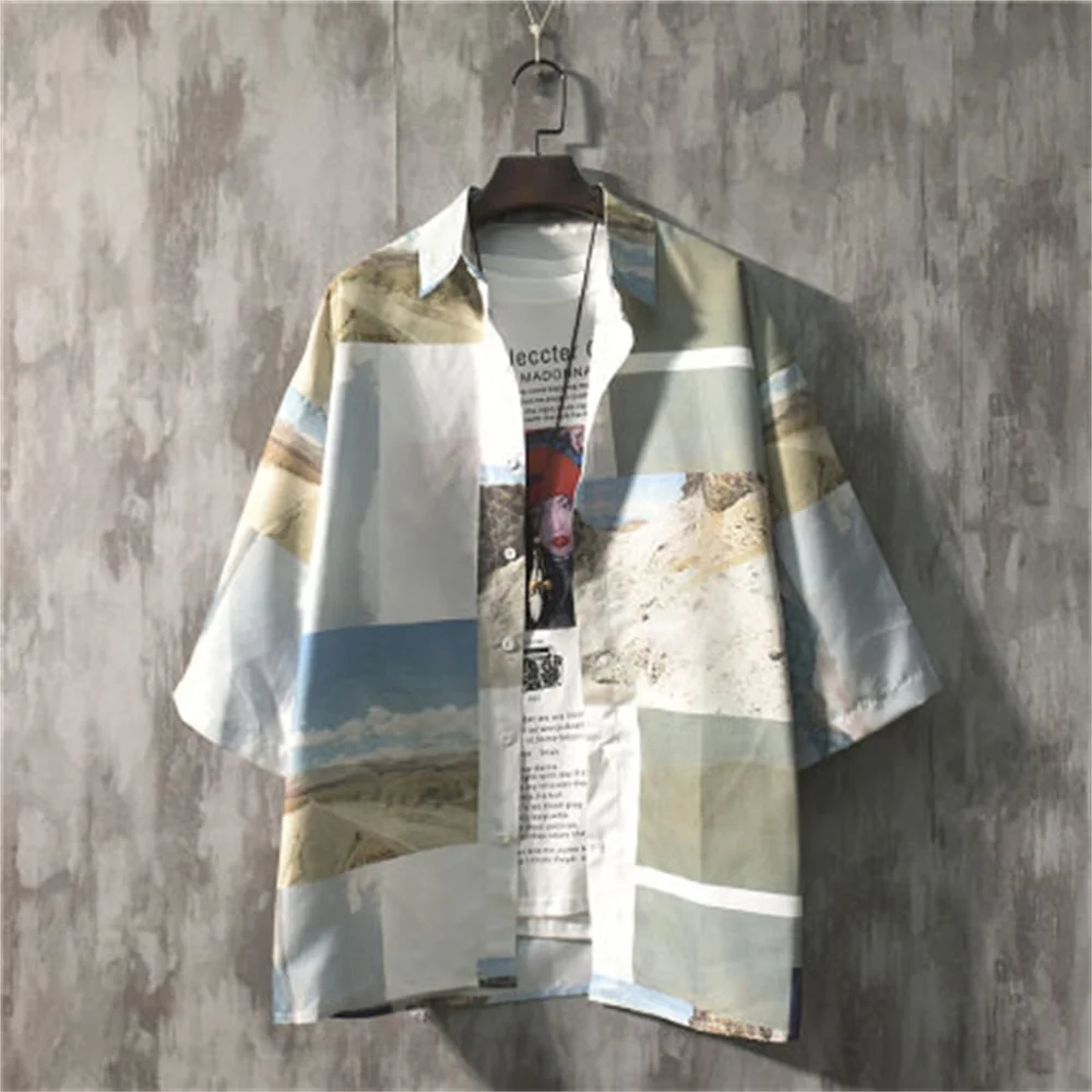 

Men's summer Japanese Hong Kong style shirt loose print three-quarter sleeves