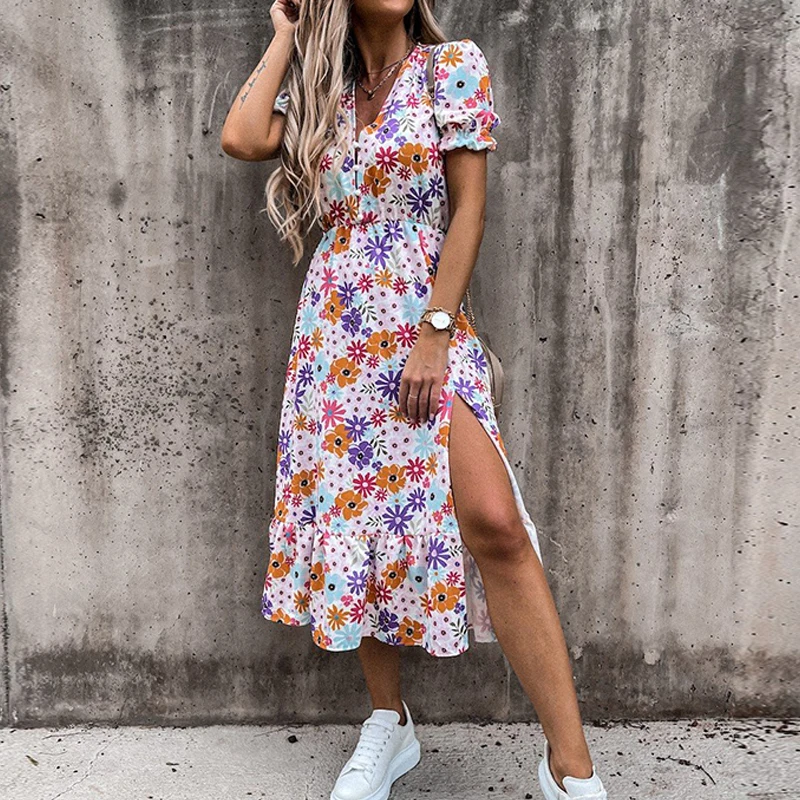 

2021 Summer New Long Floral Print Dress Women V Neck Casual Slit Dress Short Puff Sleeve Boho Beach Sundress Maxi Party Vestidos