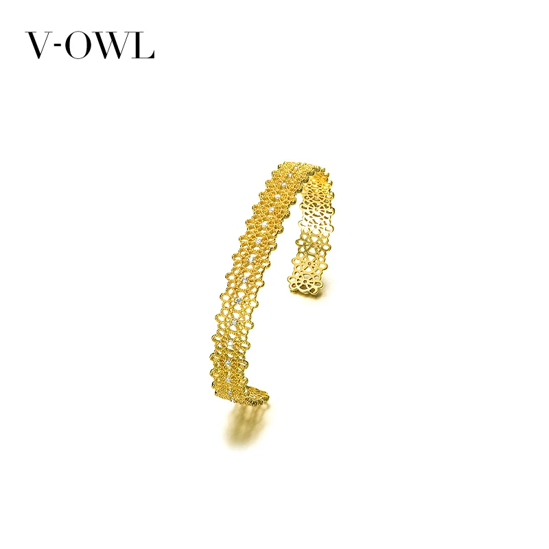 V-Owl Винтажный Золотой медный браслет инкрустированный цирконием Открытый