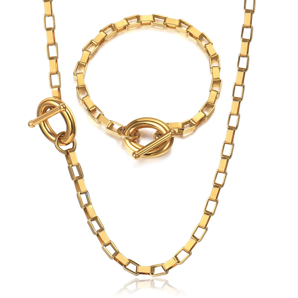 

Fashion Women' Jewelry Set Gold Rectangle Cable Chain Bracelet Necklace Set Stainless Steel Rolo Link Chain Christma Gifts DS27