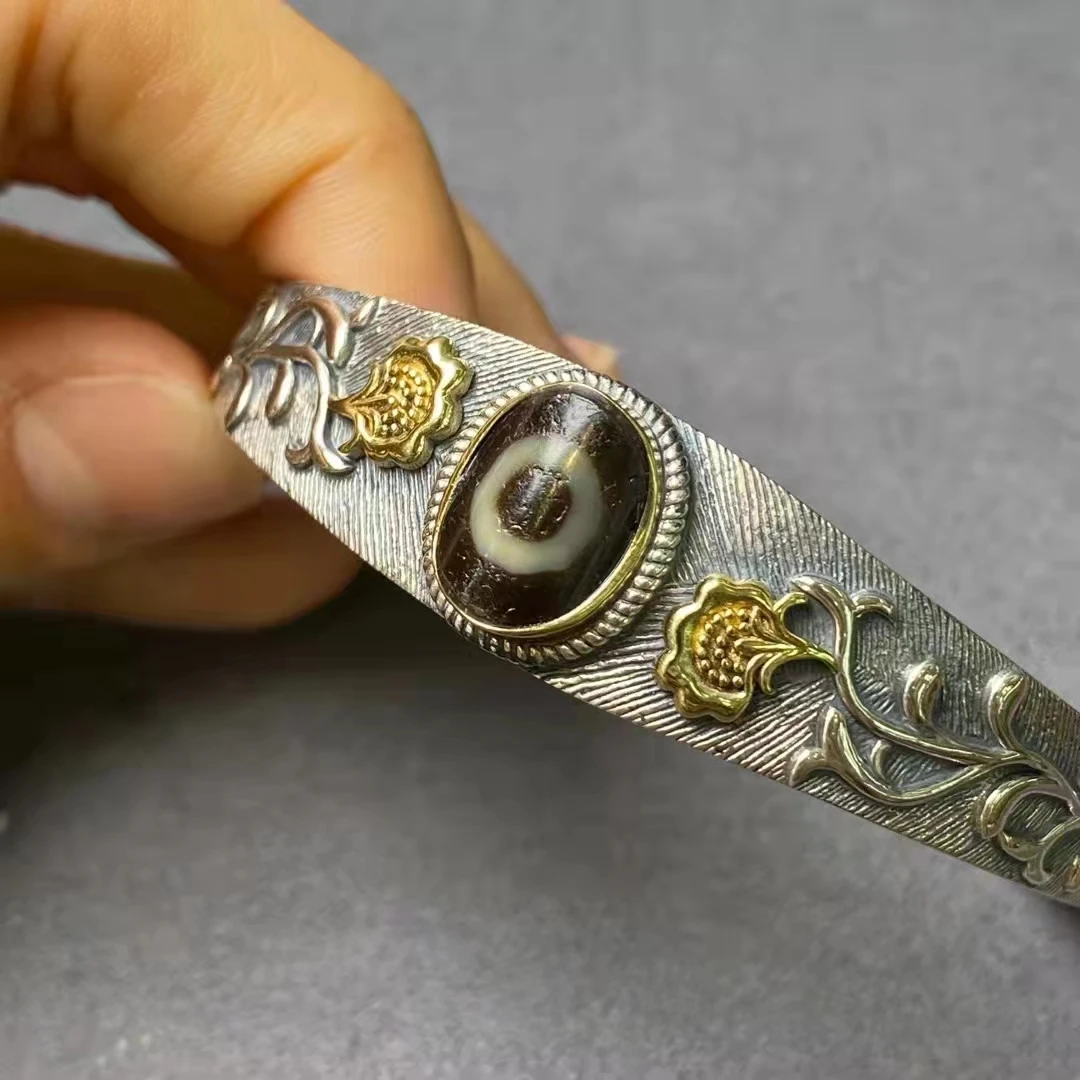 

1pcs/lot natural old agate one eye dzi s925 sterling silver handmade ethnic style bracelet female Weathered pattern precious gem