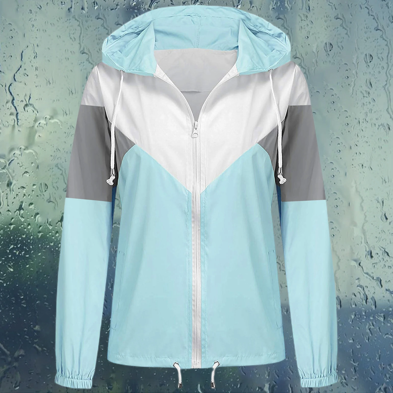 

Women Hooded Windbreaker, Color Block Elastic Cuffs Adjustable Drawstring Smooth Zipper