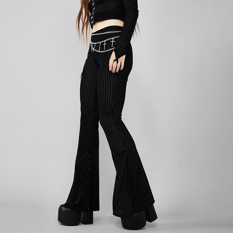 

2021 Spring Women High Waist Black Leg Pants Goth Female Velvet Stripe Skinny Streetwear Dark Gothic Vintage Elasticity Trousers