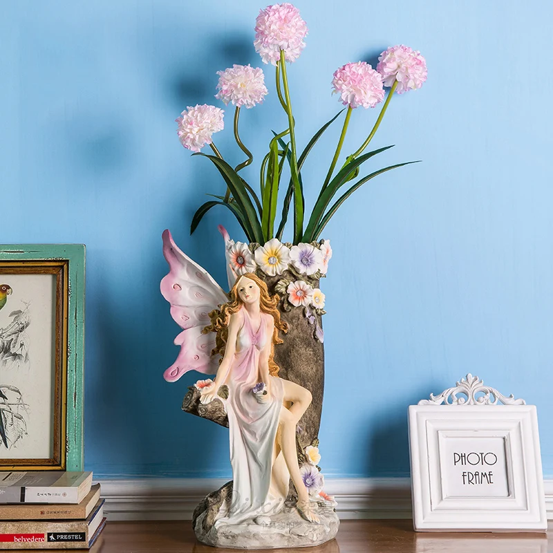 comprar Criativo Borboleta Fada Sentado Em Um Grande Ramo Estátua De Resina Vaso Decorativo Artesanato Flores Secas Pote Para Casa Decoração Do Casamento