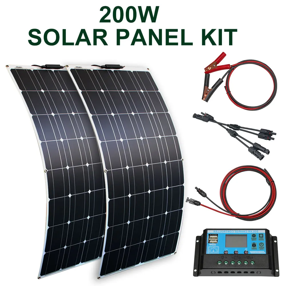 Carregador de Bateria Solar do Telhado de Casa Flexível com 10a Regulador para 12v Painel Solar 20a Cabo 100w 200w –