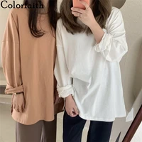 colorfaith new 2021 autumn trend t shirts oversized solid bottoming long sleeve wild korean minimalist style tops t601