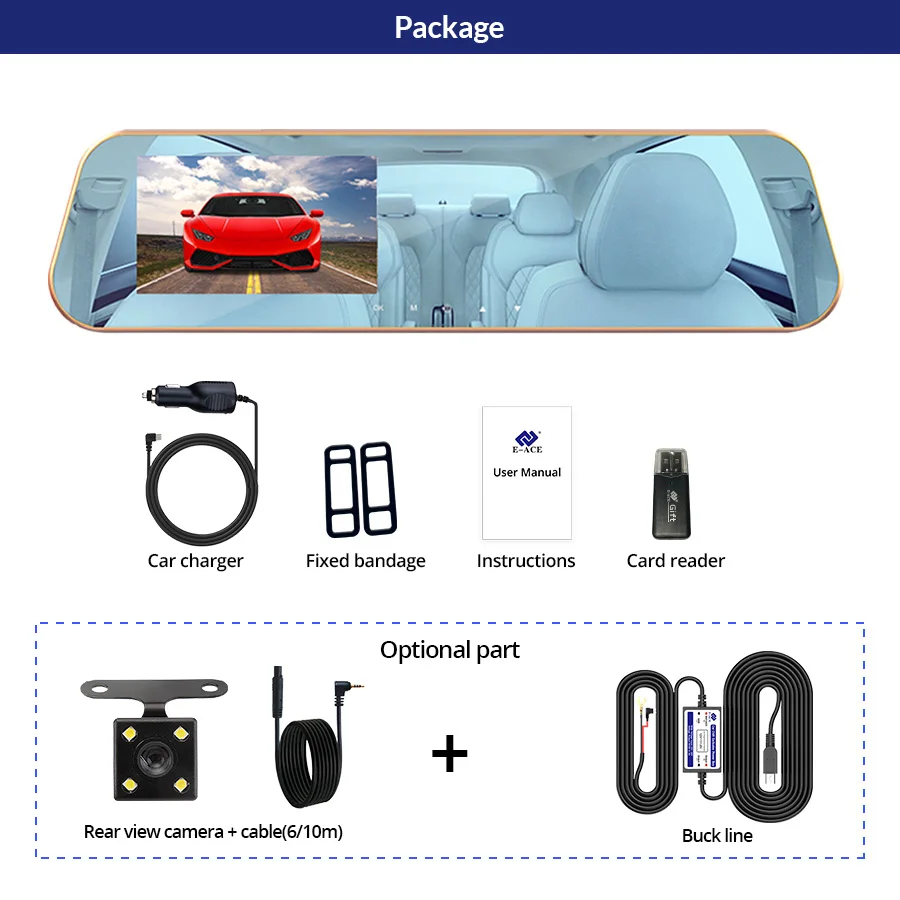 E ACE Full HD Автомобильный Видеорегистратор Цифровой Синий Авто Заднего вида Камера