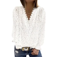 elegant women lace v neck jacquard floral tops casual long sleeve slim fit pullover spring autumn tee classic stylish blouse