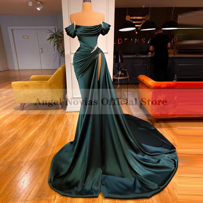 ANGEL NOVIAS Formal Women's Long Greeen Mermaid Evening Dress with Crystals Prom Party Gowns 2021 Vestidos De Noche