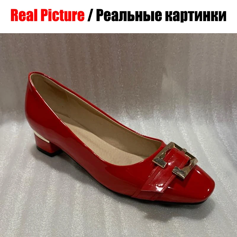 BONJOMARISA/большие размеры 32-48; женские туфли-лодочки с пряжкой на заказ женские красные туфли-лодочки с квадратным носком на низком массивном каблуке