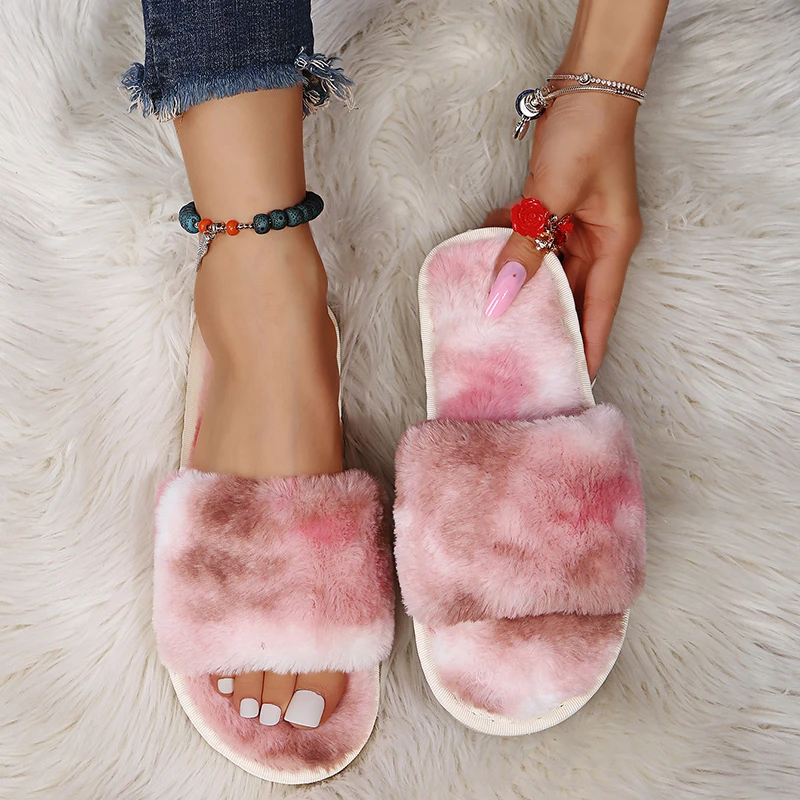

Furry Fur Slippers Women Fluffy Flip Flops Faux Fur Fuzzy Slides Plush House Slippers Ladies Cozy Flat Sandals Female Home Shoes