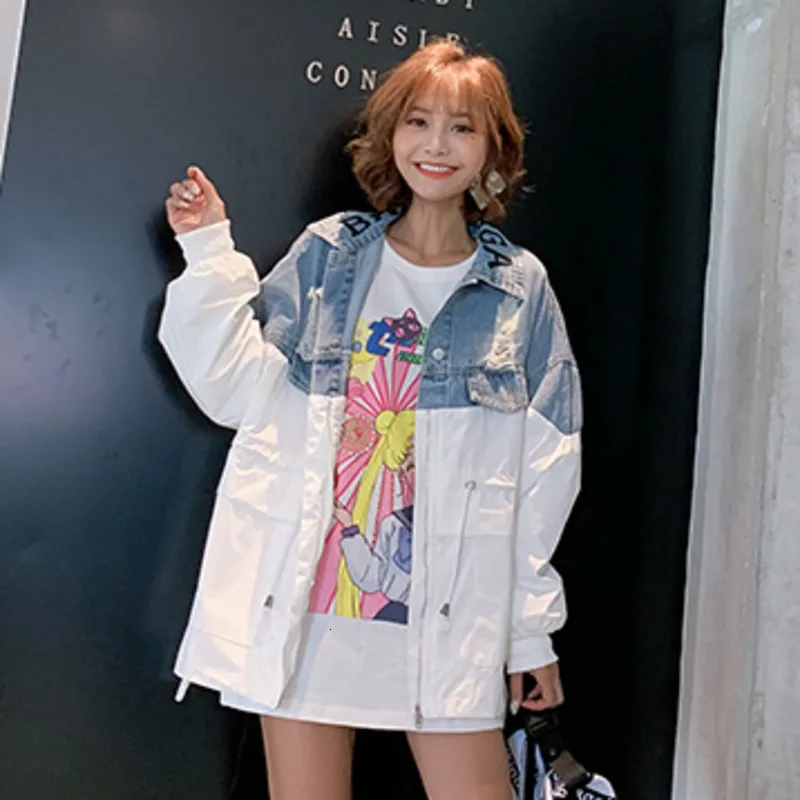 Vefadisa Autumn Woman Denim Coat Jacket Letter Loose Patchwork Hole Pockets Single Breasted 2019 QYF727 | Женская одежда
