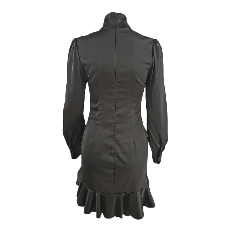 

SISPELL Ruffle Hem Dresses For Female Stand Collar Lantern Long Sleeve High Waist Slimmming Women's Elegant Dress Fashion Tide