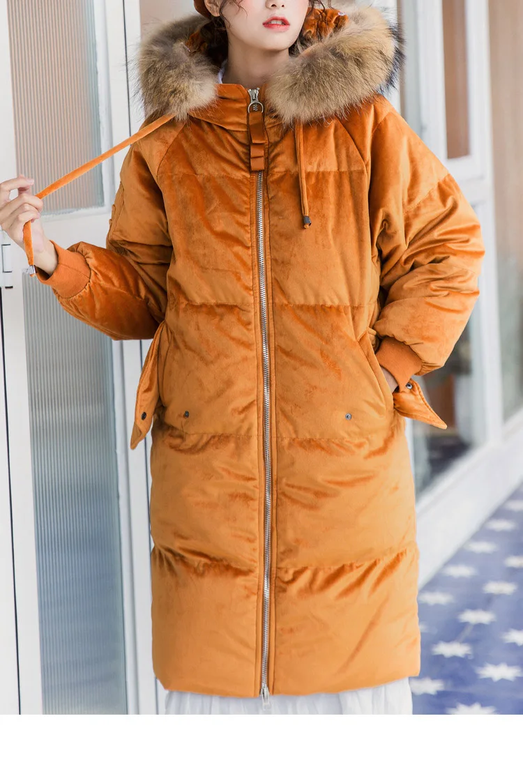 Модные Длинные пуховики с большим меховым воротником женские золотые бархатные