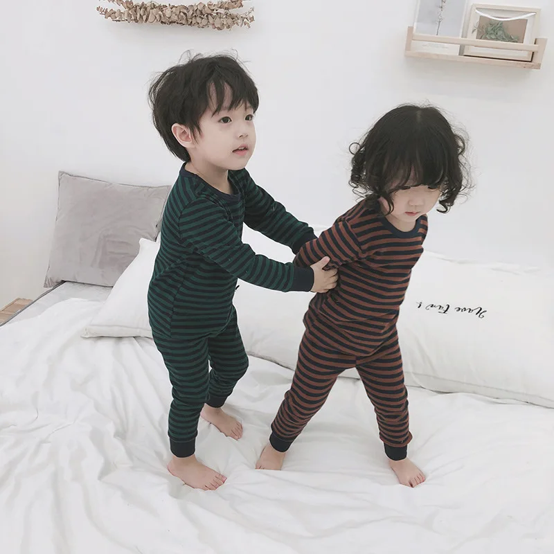 Осенне зимние пижамные комплекты в полоску из чистого хлопка для мальчиков и