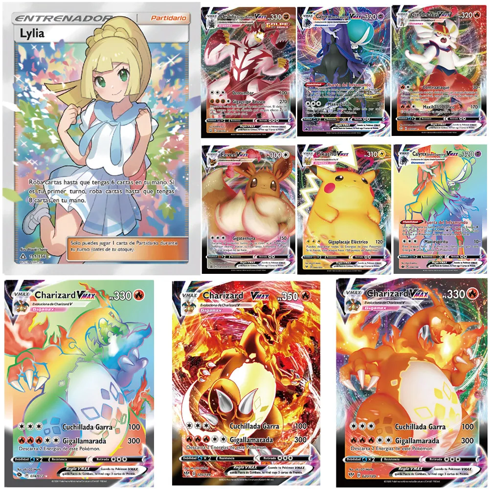 

2021NEW Pokemon Cards Spanish TAG TEAM GX VMAX French English VMAX Lylia Trainer Energy Holographic Playing Cards Game Toy