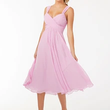 Tea Length Pink Chiffon Bridesmaid Dresses A-Line Sleeveless Elegant Formal Wedding Guest Gowns 2020