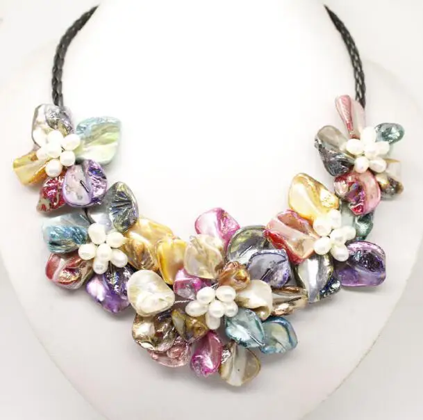 

Jewelry Pearl Necklace natural white pearl & Multicolor shell pearl 5 flower pendant necklace long 18inch Free Shipping