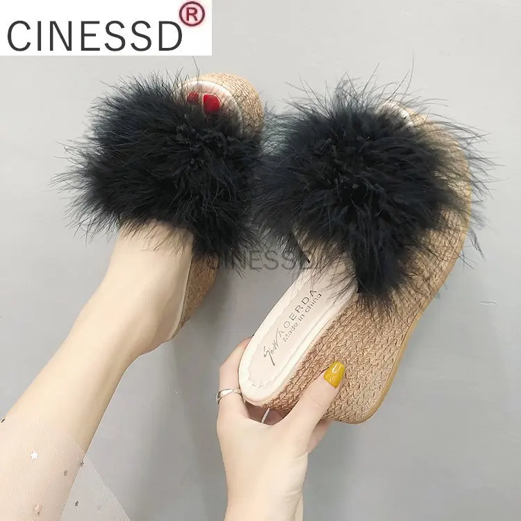 

9cm Heels Slides Women's Shoes Woman Slippers Faux Fur Slides Wedge Platform Women Shoes Beach Sandals