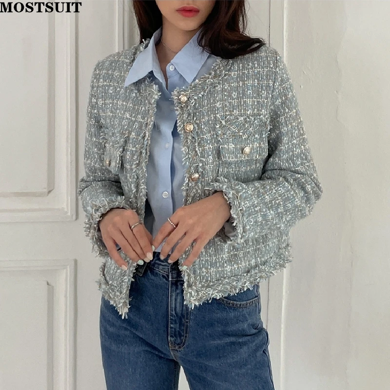 

Elegant Chic Tweed Jacket Coat Women Full Sleeve O-neck Single-breasted Pockets Tops Solid Soft Ladies Outerwear 2021 Autumn
