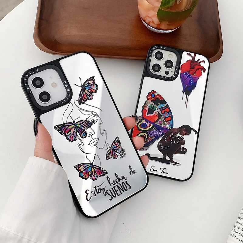 

Luxury Abstract Painting Butterfly Girl Mirror Phone Case For iPhone 12 Mini 13 12 11 Pro Max X Xs Max Xr 7 8 Puls SE 2020 Cover