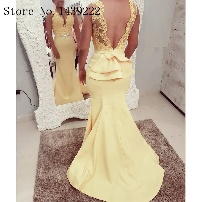 

Yellow Sexy Backless Evening Dress Trumpet Celebrity Appliques Formal Dresses V Neck Robe De Soiree Evening Party Gown Pleat