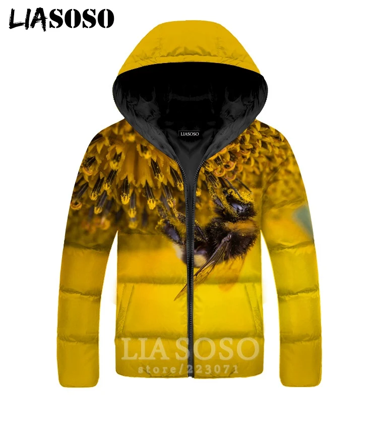 LIASOSO Bee Jackets Winter Men Women Flower 3D Print Animal Plus Velvet Thickening Zipper Warm Street Top Down Filled Coat A321 |