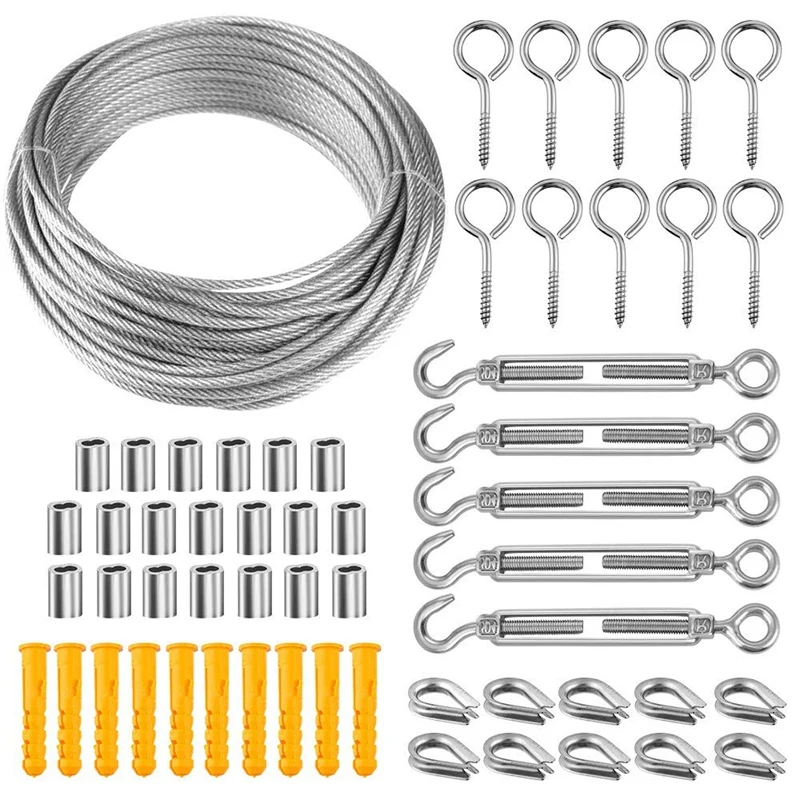 

56 Pcs Garden Wire Cable Railing Wire Fence Roll Kits 15M PVC Coated Heavy Duty Stainless Steel Wire Rope Cable