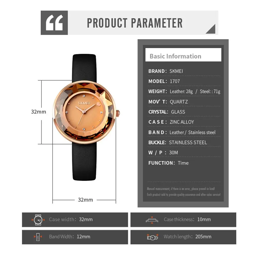 

SKMEI Waterproof Quartz Ladies Watches Three Dimensional Glass Diamond Women Wristwatch Elegant Lady Watch montre femme 1707
