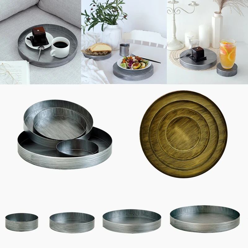 Silver Golden Iron Tray Vintage Round Plate Fruit Cake Plate Jewelry Organizer Display Trays