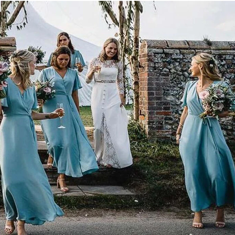 

Sexy Short Sleeve V-Neck Bridesmaid Dress 2020 Tea Length Wedding Guest Dress A Line Maid Of Honor Gowns Party Dresses