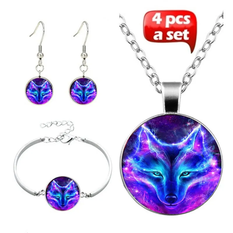 

4Pcs/Set New Fashion Handmade Glass Witchcraft Nordic Wiccan Wolf Pendant Choker Necklace Bracelet Earrings For Women Jewelry