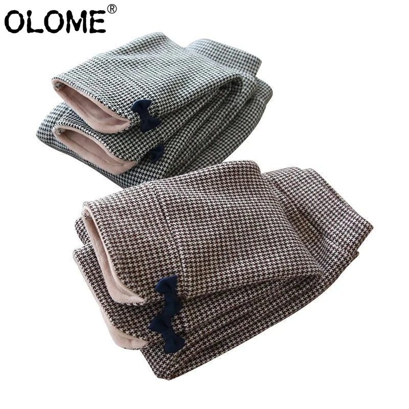 

OLOME Winter Girls Leggings Houndstooth Pants Thickening Baby Long Pants Tight Children Trousers Warm Kids Clothing Bow Tie Leg