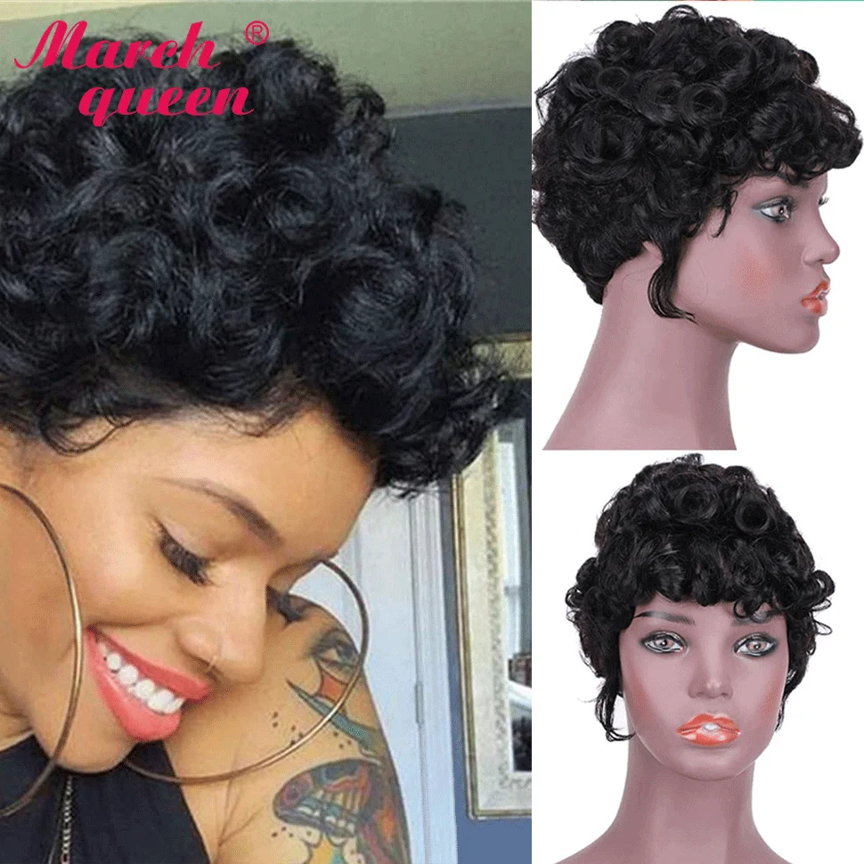 

Marchqueen Short Pixie Cut Human Hair Wig For Black Women Peruvian Summer Brown Wig Remy Curly Glueless Full Machine Made Wigs