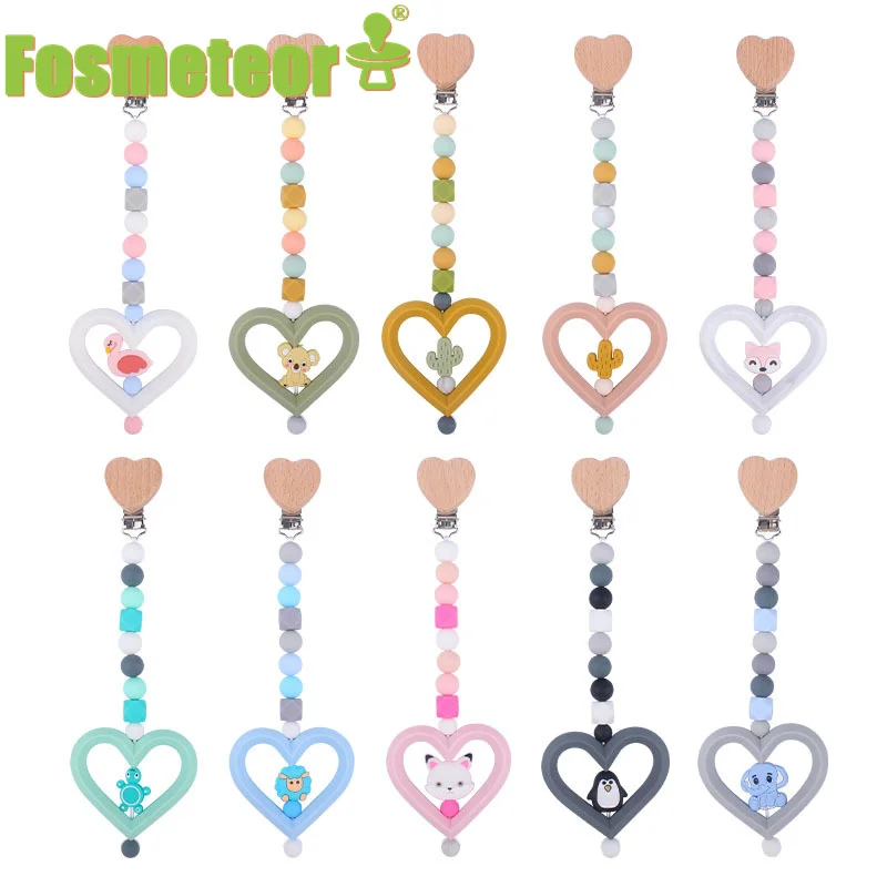 

Fosmeteor Beech Wooden Love Clip Chain Wood Beads Baby Teether Soother Silicone Heart Molar And Ainmal Beads Pacifier Chain