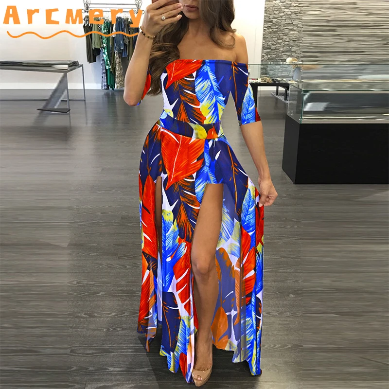 

Women Plus Size Oversize Off Shoulder Short Sleeve Printed Slit Maxi Dress